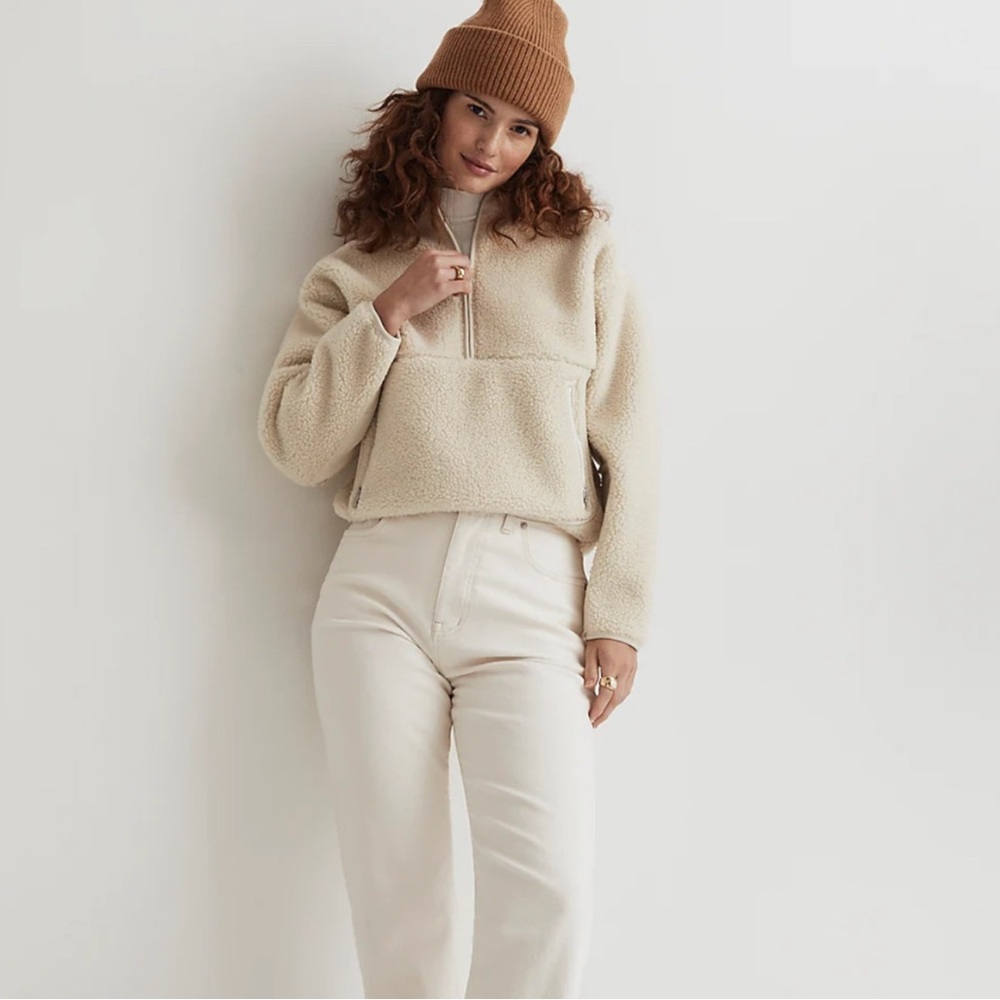 {Madewell}-Size L-Faux Shearling Half-Zip Pullover in Dried Cedar - Picture 7 of 7